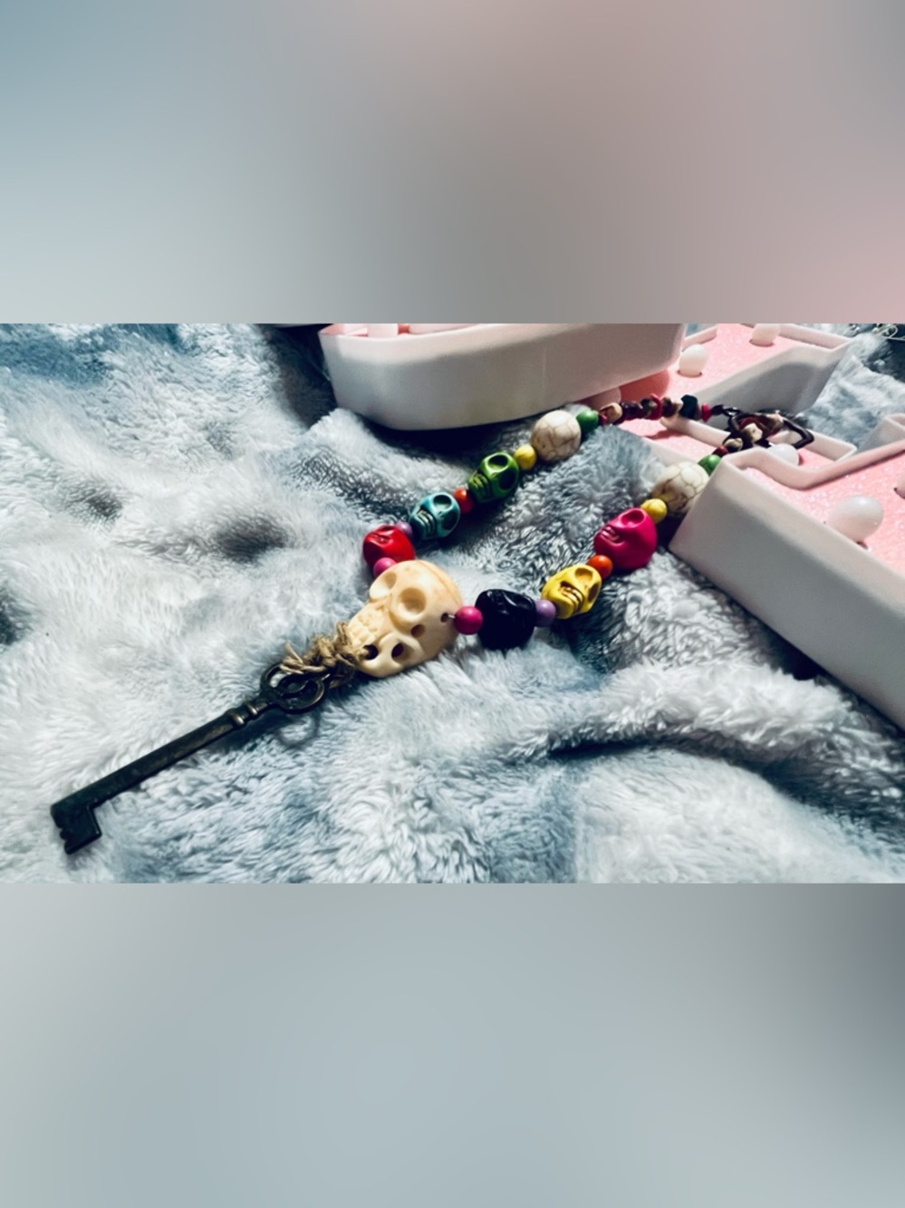 Multicolor Skull Bead Necklace with Key Pendant - Picture 3 of 5